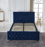 CAMA PRESTIGE CON SOMIER Y ALMACENAJE, TERCIOPELO AZUL CON BOTONES, 140X190CM