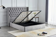 Cama de almacenaje CLOUTE de somier tapizado capitoné con doble botonadura, con terciopelo gris 160x200cm