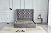 Cama de almacenaje CLOUTE de somier tapizado capitoné con doble botonadura, con terciopelo gris 160x200cm