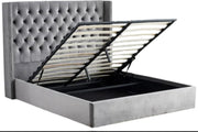 Cama de almacenaje CLOUTE de somier tapizado capitoné con doble botonadura, con terciopelo gris 160x200cm