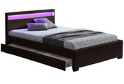 Cama con somier LED, polipiel negra y cajones, 140x190 cm