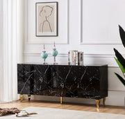 APARADOR DE ESTILO BARROCO CON ACABADO DE LACADO EN MÁRMOL NEGRO, 4 PUERTAS ABATIBLES, DIMENSIONES 180X40X80CM CON PATAS DE ACERO DORADO. LA ESTRUCTURA ES DE MDF