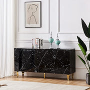 APARADOR DE ESTILO BARROCO CON MÁRMOL NEGRO, ACABADO LACADO, 3 PUERTAS BATIENTES 160X40X80CM CON PATAS DE ACERO DORADO. LA ESTRUCTURA ES DE MDF.