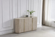 THE CALYPSO FULL SIDEBOARD IS A 4 DOOR MDF SIDEBOARD WITH A FULL TRAVERTINE CERAMIC TOP THAT IS SCARTCH AND HEAT RESISTANCE FEATURING STAINLESS STEEL DETAILS AND MEASURING 180X40X100CM