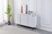 THE ESMEE SIDEBOARD IS A 4 DOOR MDF SIDEBOARD WITH A WHITE AND GREY MARBLE EFFECT CERAMIC TOP THAT IS STARCH AND HEAT RESISTANT FEATURING STAINLESS STEEL DETAILS AND MEASURING 180X40X100CM