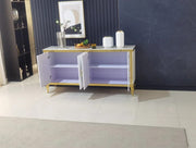 THE BAROQUE SIDEBOARD IS A 4 DOOR MDF SIDEBOARD WITH A MARBLE EFFECT DESGIN , WHITE AND GOLD  AND TEMPERED GLASS TOP FEATURING STAINLESS STEEL DETAILS AND MEASURING 170X40X85CM