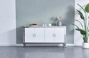 THE BAROQUE SIDEBOARD IS A 4 DOOR MDF SIDEBOARD WITH A MARBLE EFFECT DESIGN WHITE AND SLIVER AND TEMPERED GLASS TOP FEATURONG STAINLESS STEEL DETAILS AND MEASURING 170X40X85CM