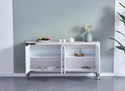 THE BAROQUE SIDEBOARD IS A 4 DOOR MDF SIDEBOARD WITH A MARBLE EFFECT DESIGN WHITE AND SLIVER AND TEMPERED GLASS TOP FEATURONG STAINLESS STEEL DETAILS AND MEASURING 170X40X85CM
