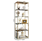 LIBRERÍA ARYA CON ESTANTES DE CRISTAL Y ORO Y ESTRUCTURA DE ACERO DORADO DE 60X40X180CM