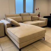 LEFT CORNER SOFA WITH BEIGE VELEVET WITH WOODEN STRUCTURE AND HIGH RESILIENCE FOAM 265X200CM