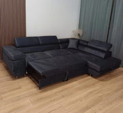 SOFÁ CONVERTIBLE RINCONERA TOULOUSE DE TERCIOPELO NEGRO CON ESTRUCTURA DE MADERA, DE ALTA RESILIENCIA, 275X205CM