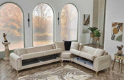 ORION CORNER SOFA CONVERTIBLE WITH BEIGE VELVET AND GOLD FINISHING  310X240X90CM WITH CUSHIONS