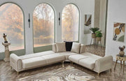 ORION CORNER SOFA CONVERTIBLE WITH BEIGE VELVET AND GOLD FINISHING  310X240X90CM WITH CUSHIONS