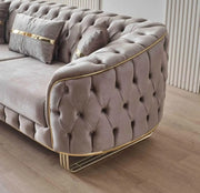 ARTEMIS SOFA WITH BEIGE VELVET WITH GOLD FINISHING AND CUSHIONS  3+2+1 ( 3 SEATER 229X90X80CM / 2 SEATER 169X90X80CM / 1 SEATER 109X88X73CM)