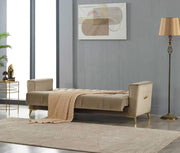 SOFÁ CONVERTIBLE 3 PLAZAS KELEBEK CON TERCIOPELO BEIGE Y PATAS DORADAS 216X90X90CM