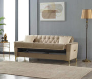 SOFÁ CONVERTIBLE 3 PLAZAS KELEBEK CON TERCIOPELO BEIGE Y PATAS DORADAS 216X90X90CM