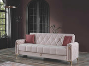 SOFÁ CONVERTIBLE MARRAKECH EN TERCIOPELO BEIGE CON DISEÑO Y PATAS DORADAS, COJINES 3+2+1 (SOFÁ DE 3 PLAZAS 230X90X93CM / SOFÁ DE 2 PLAZAS 160X90X93CM / SILLÓN DE 1 PLAZA 100X90X93CM)