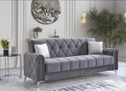 MARRAKECH CONVERTIBLE SOFA WITH GREY VELVET WITH SILVER DESIGN AND FEET , CUSHIONS 3+2+1 (3 SEATER 230X90X93CM / 2 SEATER 160X90X93CM / 1 SEATER 100X90X93CM)