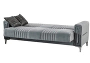 SOFÁ CONVERTIBLE MORENO DE COLOR GRIS Y ACABADO PLATEADO CON COJINES 3+2+1 (3 PLAZAS 218X88X88CM / 2 PLAZAS 158X88X88CM / 1 PLAZA 98X88X88CM)