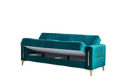SOFÁ CONVERTIBLE MORENO COLOR VERDE Y ACABADO DORADO CON COJINES 3+2+1 (3 PLAZAS 218X88X88CM / 2 PLAZAS 158X88X88CM / 1 PLAZA 98X88X88CM)