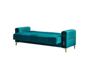 SOFÁ CONVERTIBLE MORENO COLOR VERDE Y ACABADO DORADO CON COJINES 3+2+1 (3 PLAZAS 218X88X88CM / 2 PLAZAS 158X88X88CM / 1 PLAZA 98X88X88CM)