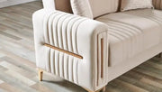 SOFÁ CONVERTIBLE MORENO COLOR BEIGE Y ACABADO DORADO CON COJINES 3+2+1 (3 PLAZAS 218X88X88CM / 2 PLAZAS 158X88X88CM / 1 PLAZA 98X88X88CM)