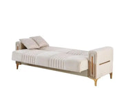 SOFÁ CONVERTIBLE MORENO COLOR BEIGE Y ACABADO DORADO CON COJINES 3+2+1 (3 PLAZAS 218X88X88CM / 2 PLAZAS 158X88X88CM / 1 PLAZA 98X88X88CM)