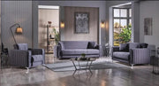 SOFÁ CONVERTIBLE ABIDJAN CON ACABADO GRIS Y DETALLES EN PLATA Y COJINES HERMOSOS 3+2+1 (SOFÁ DE 3 PLAZAS 218X88X88CM / SOFÁ DE 2 PLAZAS 158X88X88CM / SILLÓN DE 1 PLAZA 98X88X88CM)
