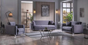 SOFÁ CONVERTIBLE ABIDJAN CON ACABADO GRIS Y DETALLES EN PLATA Y COJINES HERMOSOS 3+2+1 (SOFÁ DE 3 PLAZAS 218X88X88CM / SOFÁ DE 2 PLAZAS 158X88X88CM / SILLÓN DE 1 PLAZA 98X88X88CM)