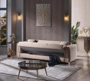 SOFÁ CONVERTIBLE ABIDJAN CON ACABADO BEIGE Y DETALLES DORADOS Y HERMOSOS COJINES 3+2+1 (3 PLAZAS 218X88X88CM / 2 PLAZAS 158X88X88CM / 1 PLAZA 98X88X88CM)