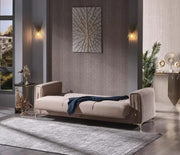 SOFÁ CONVERTIBLE ABIDJAN CON ACABADO BEIGE Y DETALLES DORADOS Y HERMOSOS COJINES 3+2+1 (3 PLAZAS 218X88X88CM / 2 PLAZAS 158X88X88CM / 1 PLAZA 98X88X88CM)