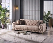 SOFÁ CONVERTIBLE VALENCIA CON ELEGANTE CONTRASTE EN BEIGE Y DORADO CON COJINES 3+2+1 (3 PLAZAS 235X100X80CM / 2 PLAZAS 170X100X80CM / 1 PLAZA 118X100X80CM)