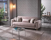 SOFÁ CONVERTIBLE RADISSON CON TERCIOPELO BEIGE Y ACABADO DORADO 3+2+1 (SOFÁ DE 3 PLAZAS 240X100X80 CM / SOFÁ DE 2 PLAZAS 170X100X80CM / SILLÓN DE 1 PLAZA 110X100X90CM)