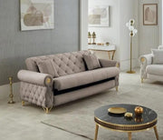 SOFÁ CONVERTIBLE CASA CON TERCIOPELO BEIGE, ACABADOS DORADOS Y COJINES ELEGANTES 3+2+1 (SOFÁ DE 3 PLAZAS 240X90X90CM / SOFÁ DE 2 PLAZAS 180X90X90CM / SILLÓN DE 1 PLAZA 84X80X97CM)