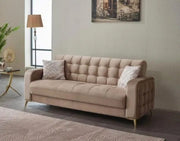 SOFÁ ESQUINERO CONVERTIBLE HAVANA CON DETALLES EN BEIGE Y ORO Y COJINES 3+2+1 (SOFÁ 3 PLAZAS 224X91X86CM / SOFÁ 2 PLAZAS 173X91X86CM / SILLÓN 1 PLAZA 80X85X95CM)