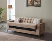 SOFÁ ESQUINERO CONVERTIBLE HAVANA CON DETALLES EN BEIGE Y ORO Y COJINES 3+2+1 (SOFÁ 3 PLAZAS 224X91X86CM / SOFÁ 2 PLAZAS 173X91X86CM / SILLÓN 1 PLAZA 80X85X95CM)