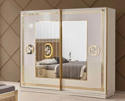 GUCCI BEDROOM SET BEIGE/GOLD FEATURES A MODREN AND ELEGANT DESIGN . THE SET INCLUDES A 160X200CM BED  WITH MATRESS WITH SLIDING 2 DOORS 205X200CM AND 3 DRAWERS COMMODE 100X50CM AND MIRROR 75X160 AND BEDSIDETABLE 60X50CM