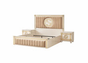 GUCCI BEDROOM SET BEIGE/GOLD FEATURES A MODREN AND ELEGANT DESIGN . THE SET INCLUDES A 160X200CM BED  WITH MATRESS WITH SLIDING 2 DOORS 205X200CM AND 3 DRAWERS COMMODE 100X50CM AND MIRROR 75X160 AND BEDSIDETABLE 60X50CM