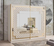 CRISTAL BEDROOM SET WITH BEIGE/GOLD FEATURES A MODREN AND ELEGANT DESIGN . THE SET INCLUDES A 160X200CM BED WITHOUT MATRESS WITH 2 SLIDING DOOR WARDROBE  200X62X210CM AND COMMODE WITH LIGHT 125X47X161CM AND MIRROR  AND 2 BEDSIDE TABLE 60X47X51CM
