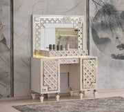 CRISTAL BEDROOM SET WITH BEIGE/GOLD FEATURES A MODREN AND ELEGANT DESIGN . THE SET INCLUDES A 160X200CM BED WITHOUT MATRESS WITH 2 SLIDING DOOR WARDROBE  200X62X210CM AND COMMODE WITH LIGHT 125X47X161CM AND MIRROR  AND 2 BEDSIDE TABLE 60X47X51CM