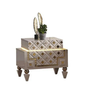 CRISTAL BEDROOM SET WITH BEIGE/GOLD FEATURES A MODREN AND ELEGANT DESIGN . THE SET INCLUDES A 160X200CM BED WITHOUT MATRESS WITH 2 SLIDING DOOR WARDROBE  200X62X210CM AND COMMODE WITH LIGHT 125X47X161CM AND MIRROR  AND 2 BEDSIDE TABLE 60X47X51CM