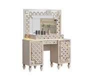 CRISTAL BEDROOM SET WITH BEIGE/GOLD FEATURES A MODREN AND ELEGANT DESIGN . THE SET INCLUDES A 160X200CM BED WITHOUT MATRESS WITH 2 SLIDING DOOR WARDROBE  200X62X210CM AND COMMODE WITH LIGHT 125X47X161CM AND MIRROR  AND 2 BEDSIDE TABLE 60X47X51CM