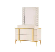 BOSS BEDROOM SET IN BEIGE/GOLD FEATURES A MODREN AND ELEGANT DESIGN . THE SET INCLUDES A 160X200CM BED WITHOUT MATRESS AND A WARDROBE 2 SLIDING DOOR 201X63X210CM AND COMMODE WITH 2 DRAWERS 107X46X75 WITH MIRROR AND 2 BEDSIDE TABLE