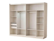 BOSS BEDROOM SET IN BEIGE/GOLD FEATURES A MODREN AND ELEGANT DESIGN . THE SET INCLUDES A 160X200CM BED WITHOUT MATRESS AND A WARDROBE 2 SLIDING DOOR 201X63X210CM AND COMMODE WITH 2 DRAWERS 107X46X75 WITH MIRROR AND 2 BEDSIDE TABLE