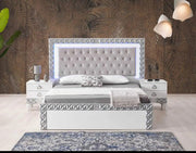 ALLIANCE BEDROOM SET IN WHITE/SILVER FEATURES MODREN AND ELEGANT DESIGN . THE SET INCLUDES 160X200CM BED  AND WITHOUT MATRESS AND 2 SLIDING DOOR WARDROBE 200X30X210CM AND 3 DRAWERS COMMODE 90X45X80CM AND MIRROR AND 2 BEDSIDETABLE