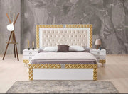 ALLIANCE BEDROOM SET IN WHITE/GOLD FEATURES MODREN AND ELEGANT DESIGN . THE SET INCLUDES 160X200CM BED WITHOUT MATRESS AND 2 SLIDING DOOR WARDROBE 200X30X210CM AND 3 DRAWERS COMMODE 90X45X80CM AND MIRROR AND 2 BEDSIDETABLE