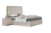 PARIS BEDROOM SET IN BEIGE/GOLD FEATURES A MODREN AND ELEGANT DESIGN . THE SET INCLUDES A 160X200CM BED WITHOUT MATRESS AND 4 DOORS WARDROBE 180X60X205CM AND 3 DRAWERS COMMODE 95X44X80CM AND MIRROR 70X2X80CM AND 2 BEDSIDETABLE 53X44X50CM