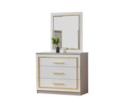 PARIS BEDROOM SET IN BEIGE/GOLD FEATURES A MODREN AND ELEGANT DESIGN . THE SET INCLUDES A 160X200CM BED WITHOUT MATRESS AND 4 DOORS WARDROBE 180X60X205CM AND 3 DRAWERS COMMODE 95X44X80CM AND MIRROR 70X2X80CM AND 2 BEDSIDETABLE 53X44X50CM