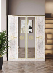 GUCCI SOFT BEDROOM SET IN BEIGE/GOLD FEATURES A MODREN  DESIGN  . SET INCLUDES 160X200 BED WITHOUT MATRESS AND 4 DOORS WARDROBE WITH 180X57X216CM AND DRESSING TABLE WITH 3 DRAWERS 116X46X77CM AND 2 BED SIDETABLE 54X37X50CM ,