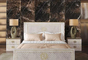 GUCCI SOFT BEDROOM SET IN BEIGE/GOLD FEATURES A MODREN  DESIGN  . SET INCLUDES 160X200 BED WITHOUT MATRESS AND 4 DOORS WARDROBE WITH 180X57X216CM AND DRESSING TABLE WITH 3 DRAWERS 116X46X77CM AND 2 BED SIDETABLE 54X37X50CM ,